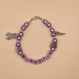 Pink Purple Silver Angel Wing Ribbon Diabetic Charm Bracelet